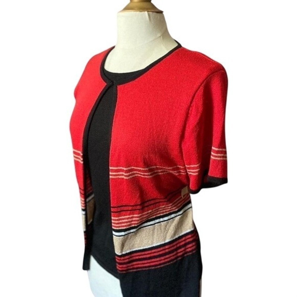 SAG HARBOR Small Red Black Stripe Knit Cardigan Sweater Top Women's Short Sleeve
